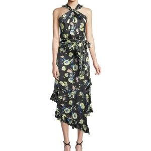 Derek Lam 10 Crosby Black Floral Asymmetrical Halter Silk Dress Midi Tea Length